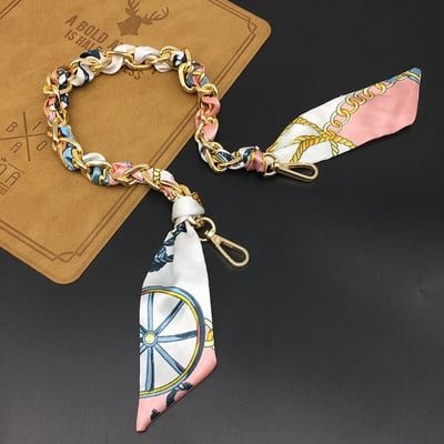 Zīda Šalle Lente Rokassomu Aksesuāri Ķēde Mode Šalle Metāla Ķēdes Rokturis Somas dekors Bow Daudzfunkcionāla Lente Rokassomas siksna