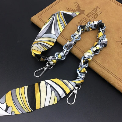 Zīda Šalle Lente Rokassomu Aksesuāri Ķēde Mode Šalle Metāla Ķēdes Rokturis Somas dekors Bow Daudzfunkcionāla Lente Rokassomas siksna