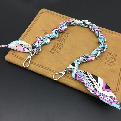 Zīda Šalle Lente Rokassomu Aksesuāri Ķēde Mode Šalle Metāla Ķēdes Rokturis Somas dekors Bow Daudzfunkcionāla Lente Rokassomas siksna