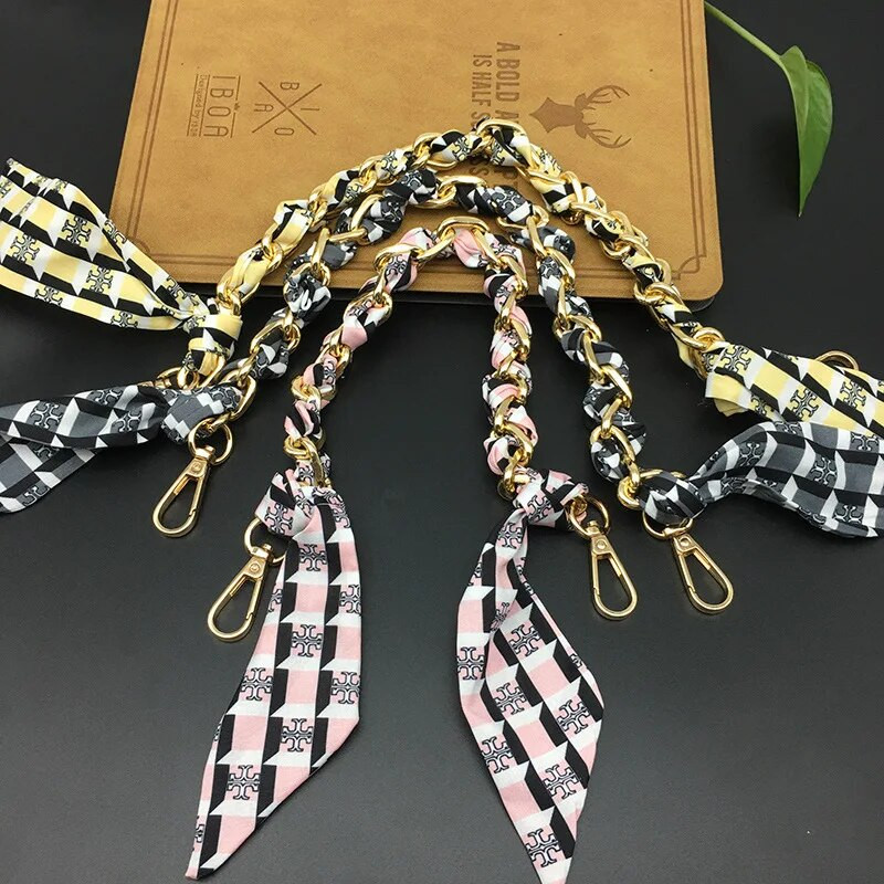Zīda Šalle Lente Rokassomu Aksesuāri Ķēde Mode Šalle Metāla Ķēdes Rokturis Somas dekors Bow Daudzfunkcionāla Lente Rokassomas siksna