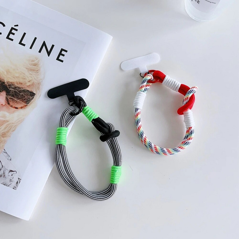 Jauns pītas mobilā tālruņa virves siksnas piekarināmās ķēdes gredzena vads ar ielāpu plaukstas siksniņu mobilā tālruņa turētājs, noņemams virves atslēgu piekariņš