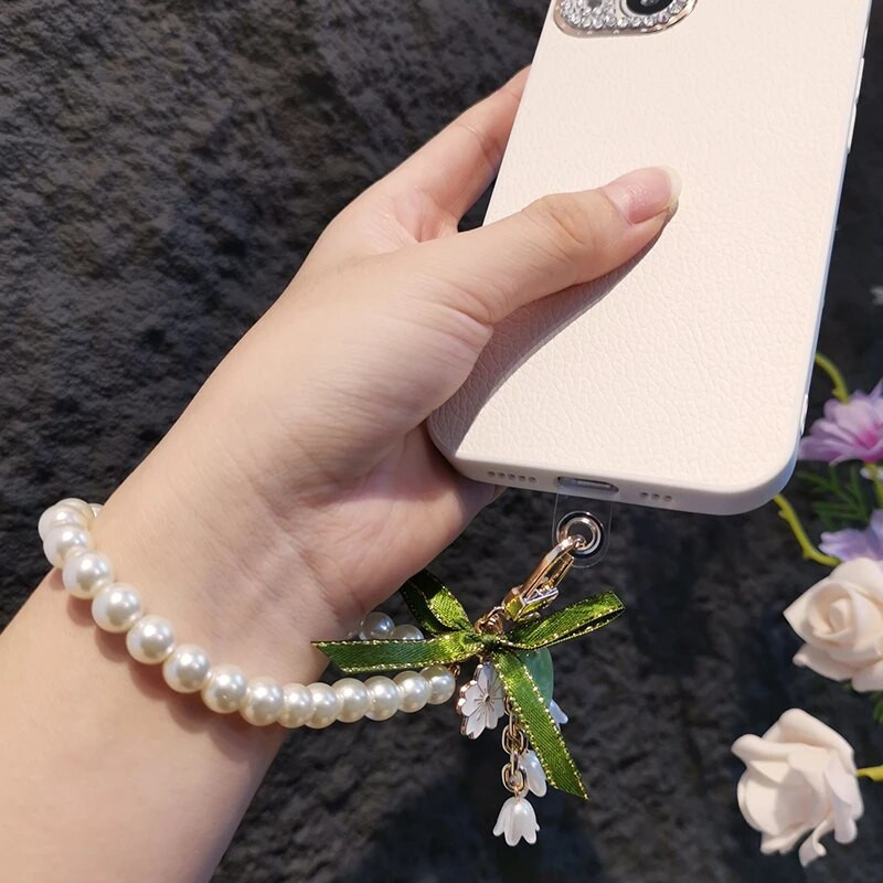 Lühike randmenöör pärlpael Roheline lint Mori Lily ripats Lily Orhidee vibu ripats võtmehoidja klambriga mobiiltelefoni kaelapael