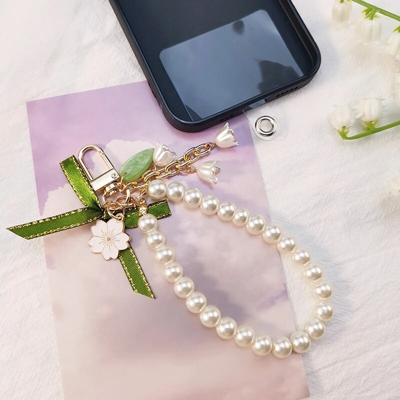 Lühike randmenöör pärlpael Roheline lint Mori Lily ripats Lily Orhidee vibu ripats võtmehoidja klambriga mobiiltelefoni kaelapael