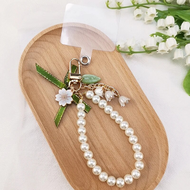 Lühike randmenöör pärlpael Roheline lint Mori Lily ripats Lily Orhidee vibu ripats võtmehoidja klambriga mobiiltelefoni kaelapael