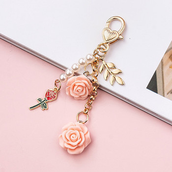8 цвята 3D Rose Camellia Keychain Women Girls Sweet Pearl Tassel Flower Ключодържател с метални листа за калъф за слушалки Декорация на чанта