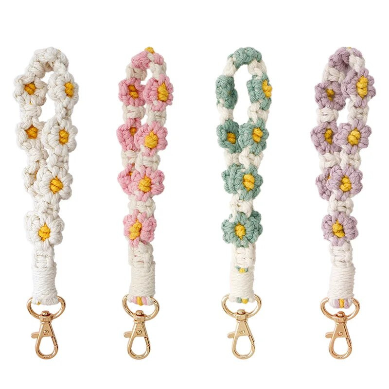 Daisy Flower Macrame rokas atslēgu piekariņš Boho atslēgu piekariņa siksniņa Rokas štrope Rokassprādze Atslēgu piekariņš Austs aproce automašīnas atslēgu aksesuāriem
