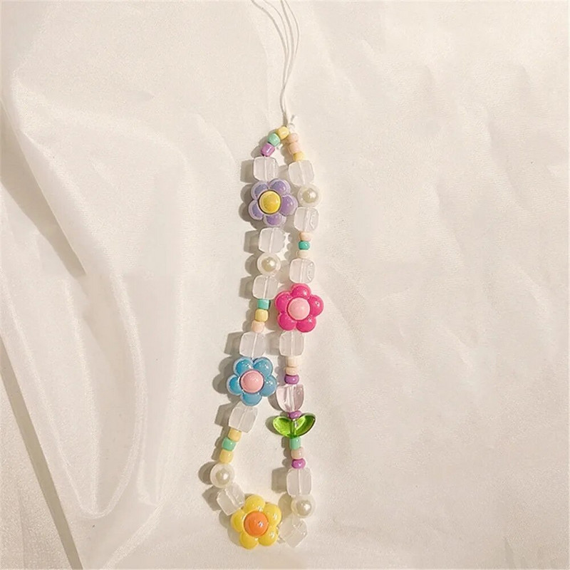 Kristāla jewry ziedi ar pērlītēm mobilā tālruņa ķēde pret pazaudēšanu virves siksna Akrila pērlītes mobilā tālruņa futrālis, pakarināms ar vadu