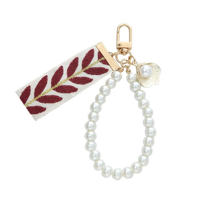 Kwaii valge pärliga helmestega võtmehoidja Creative Leaf lindist käevõru võtmehoidja naistele tüdrukutele auto käekoti telefoniümbris rippuvad kingitused