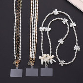 Luxury Pearl Phone Lanyard with Butterfly Tie Double Lanyer Neckband for iPhone 14Promax Portable Mobile Phone Lanyard