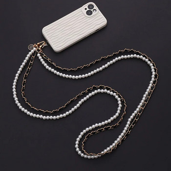 Luxury Pearl Phone Lanyard with Butterfly Tie Double Lanyer Neckband for iPhone 14Promax Portable Mobile Phone Lanyard