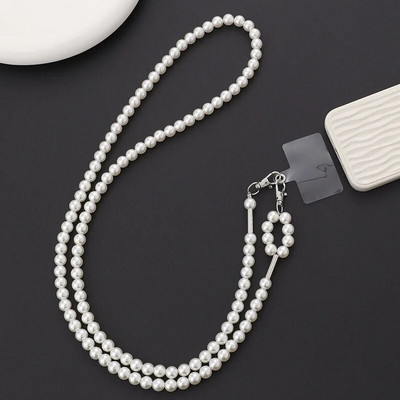 Luxury Pearl Phone Lanyard with Butterfly Tie Double Lanyer Neckband for iPhone 14Promax Portable Mobile Phone Lanyard