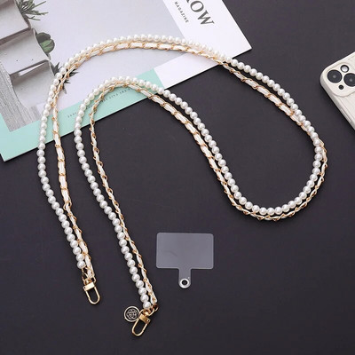 Luxury Pearl Phone Lanyard with Butterfly Tie Double Lanyer Neckband for iPhone 14Promax Portable Mobile Phone Lanyard