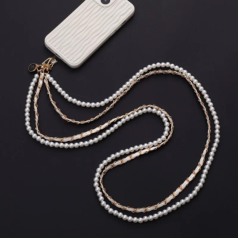 Luxury Pearl Phone Lanyard with Butterfly Tie Double Lanyer Neckband for iPhone 14Promax Portable Mobile Phone Lanyard