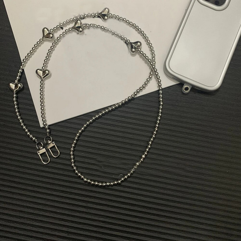 Luksusa mobilais tālrunis Corssbody Virves siksnas Sliver Love Heart Beads rokassprādzes ķēde iPhone 14 13 12 Pro Max Samsung Flip 3 4
