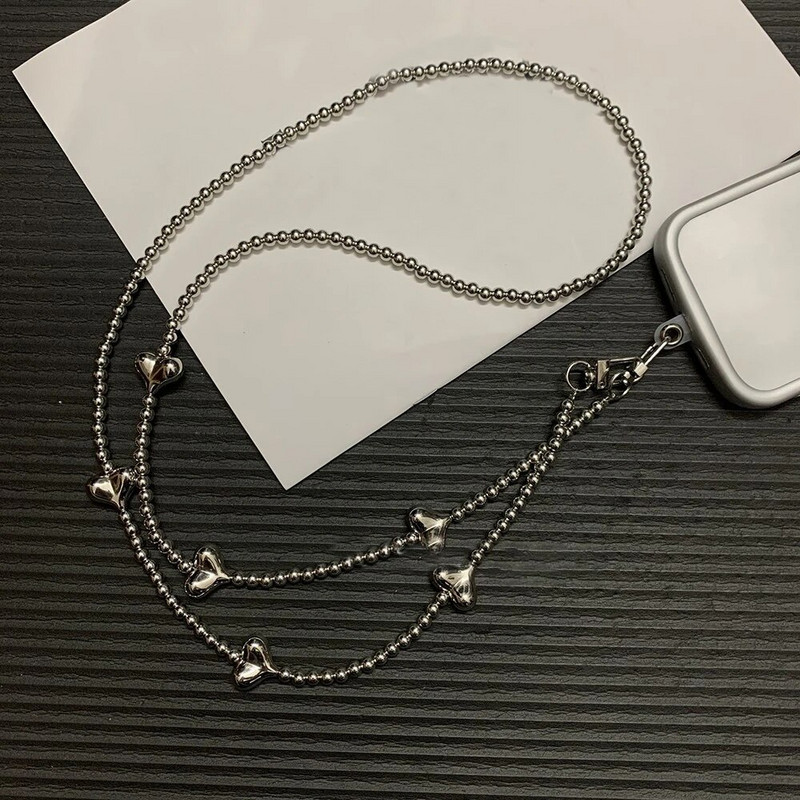 Luksusa mobilais tālrunis Corssbody Virves siksnas Sliver Love Heart Beads rokassprādzes ķēde iPhone 14 13 12 Pro Max Samsung Flip 3 4