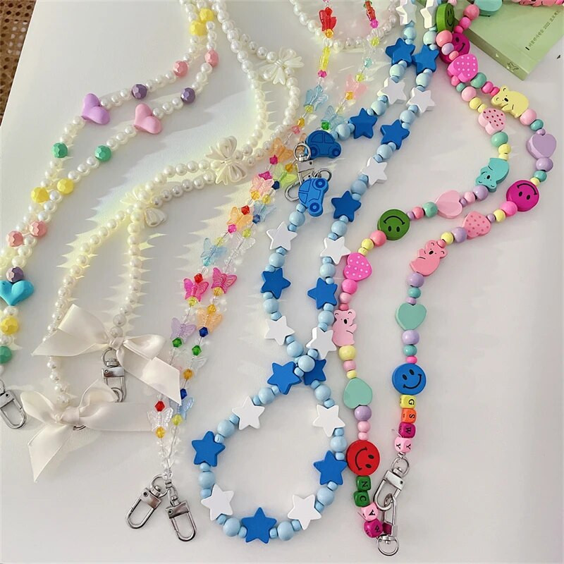 Koreja Cute Star Crossbody Virves siksnas tālruņa rokassprādze Sievietēm Pērļu ķēde mobilā tālruņa kulons, šarms pret pazaudēšanu štropes rotaslietas