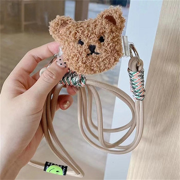 Κορεάτικο χαριτωμένο βελούδινο αρκουδάκι πλάτης με λουρί τηλεφώνου τσάντα ώμου με σχοινί για iPhone ρυθμιζόμενο κορδόνι κάνναβης κρεμαστή αλυσίδα σταυρού