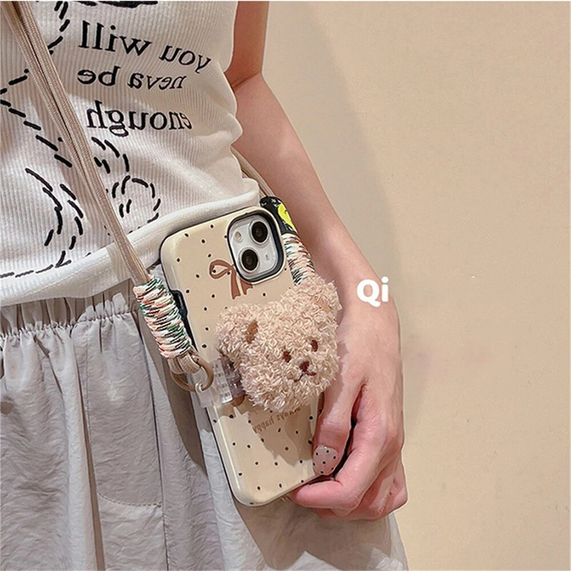 Korejiešu gudrs plīša lācis muguras klips Tālruņa siksniņa virve plecu soma iPhone siksnai krustā piekarināma ķēde regulējama kaņepju aukla