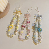 Korea magusavärviline lilleline süda helmestega mobiiltelefoni kett, naised tüdrukud, armsad multikad karu vibusõlme telefoniümbris, kaelapael.