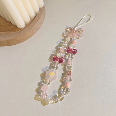 Korea magusavärviline lilleline süda helmestega mobiiltelefoni kett, naised tüdrukud, armsad multikad karu vibusõlme telefoniümbris, kaelapael.