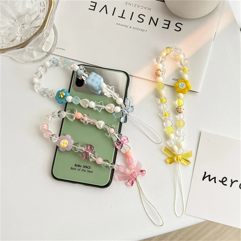 Korea magusavärviline lilleline süda helmestega mobiiltelefoni kett, naised tüdrukud, armsad multikad karu vibusõlme telefoniümbris, kaelapael.