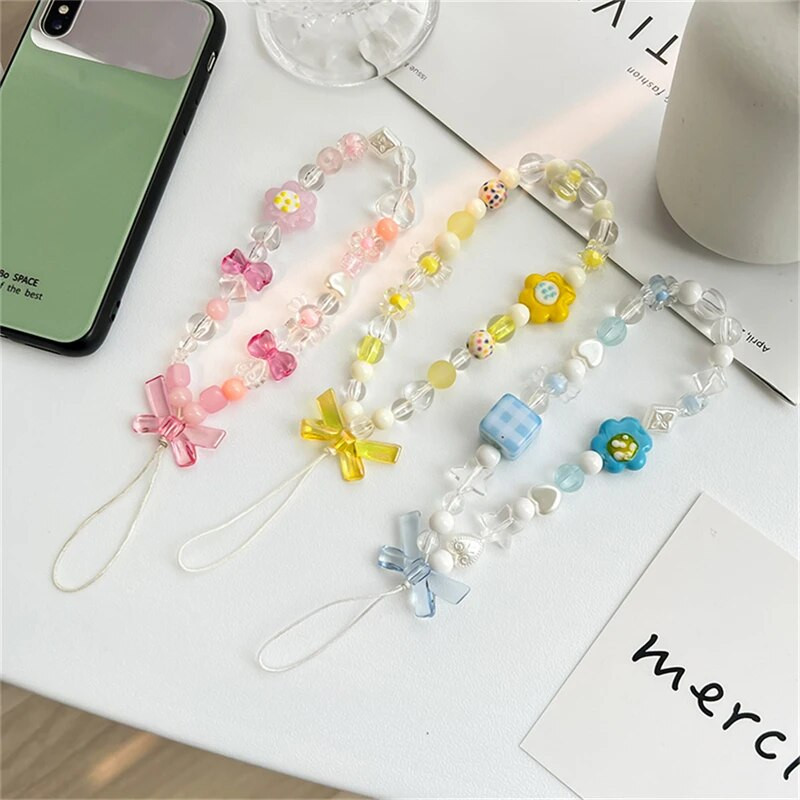 Korea magusavärviline lilleline süda helmestega mobiiltelefoni kett, naised tüdrukud, armsad multikad karu vibusõlme telefoniümbris, kaelapael.