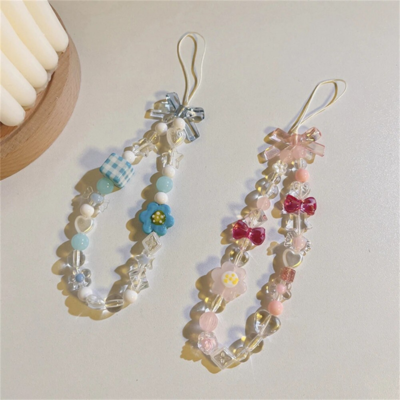 Korea magusavärviline lilleline süda helmestega mobiiltelefoni kett, naised tüdrukud, armsad multikad karu vibusõlme telefoniümbris, kaelapael.