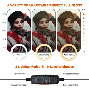 26cm 10 ιντσών Led Ring Selfie Light Kit φωτισμού φωτογραφίας με δυνατότητα ρύθμισης φωτισμού Λαμπτήρας φόρτισης USB με τρίποδο για ζωντανό βίντεο 120 χάντρες λαμπτήρων