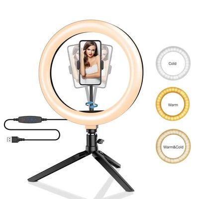 26cm 10 ιντσών Led Ring Selfie Light Kit φωτισμού φωτογραφίας με δυνατότητα ρύθμισης φωτισμού Λαμπτήρας φόρτισης USB με τρίποδο για ζωντανό βίντεο 120 χάντρες λαμπτήρων