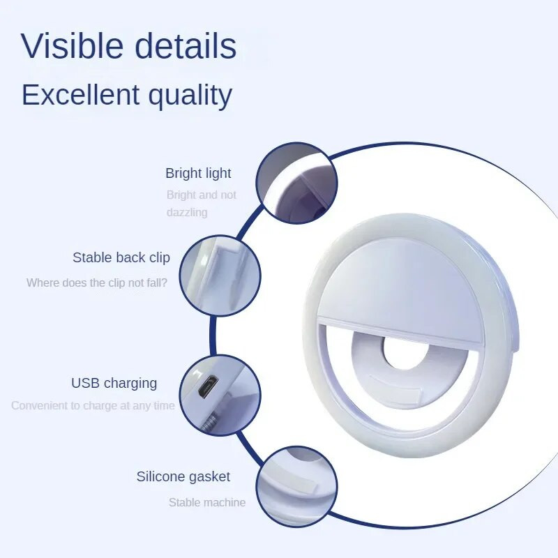 USB uzlādes LED pašbildes gredzena gaisma mobilā tālruņa objektīva LED pašbildes lampas gredzens iPhone tālrunim Samsung Xiaomi tālruņa pašbildes gaisma