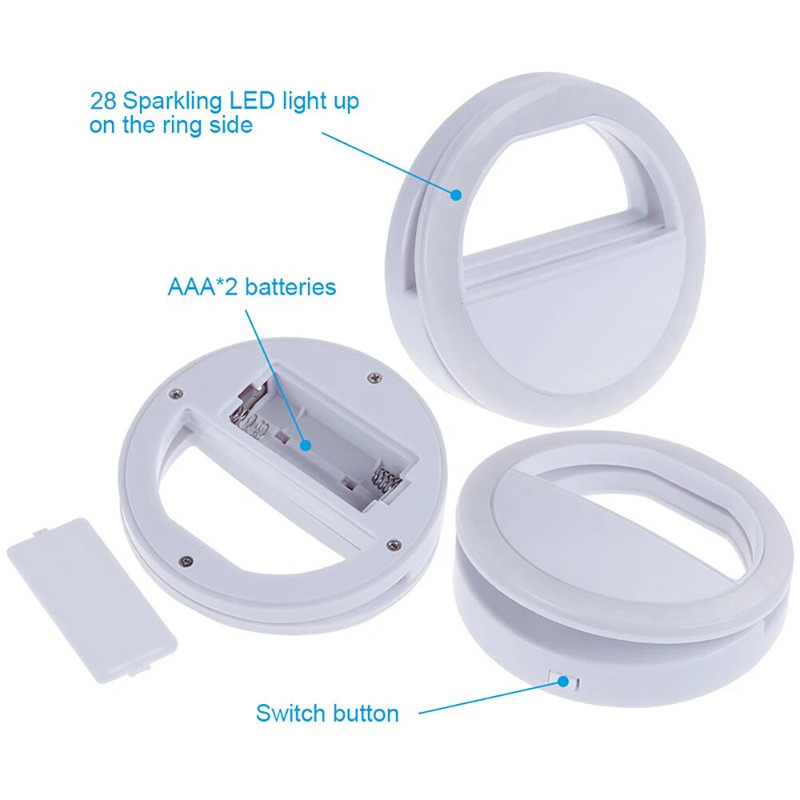 28 LED-selfievalgustit mobiiltelefonile, kaasaskantavad klambriga kinnitatavad selfie-rõngavalgustid, mis suurendavad täitevalgust