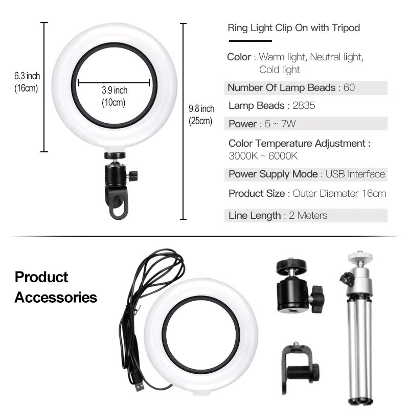 6 ιντσών Selfie Ring Light Fill Light Ringlight & Clip OR Tripod for Youtube Live Streaming Studio Video LED Dimmable Photography