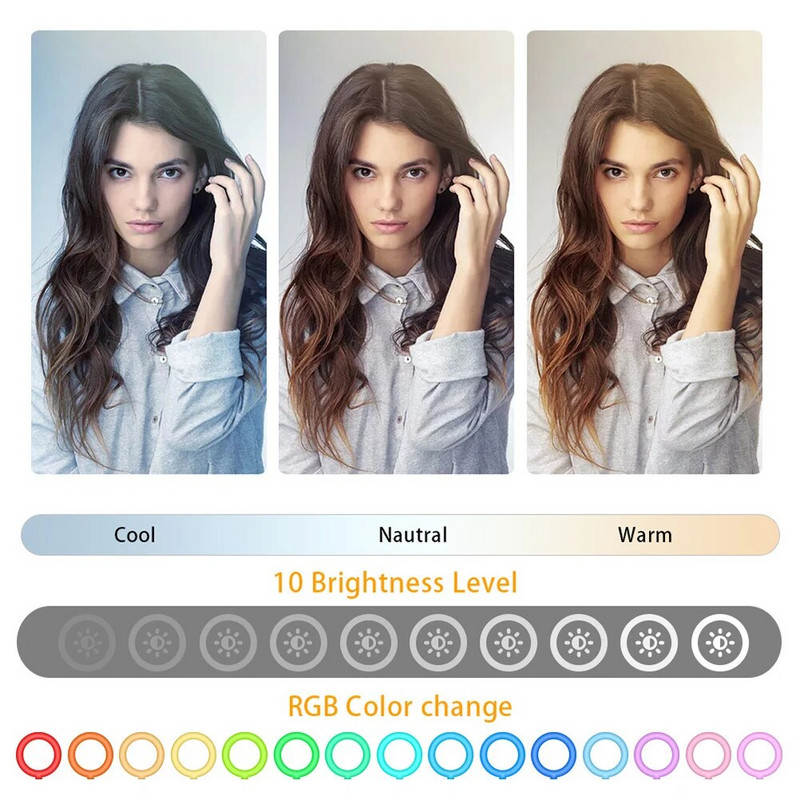 Pašbildes gaisma Pašbildes gaismas diodes gredzena gaisma Pašbildes lampas zibspuldze ar panorāmas sasvēršanu RGB apļa gaisma tālruņa apgaismojumam klēpjdatoriem Tālummaiņas zvani tiešraidē