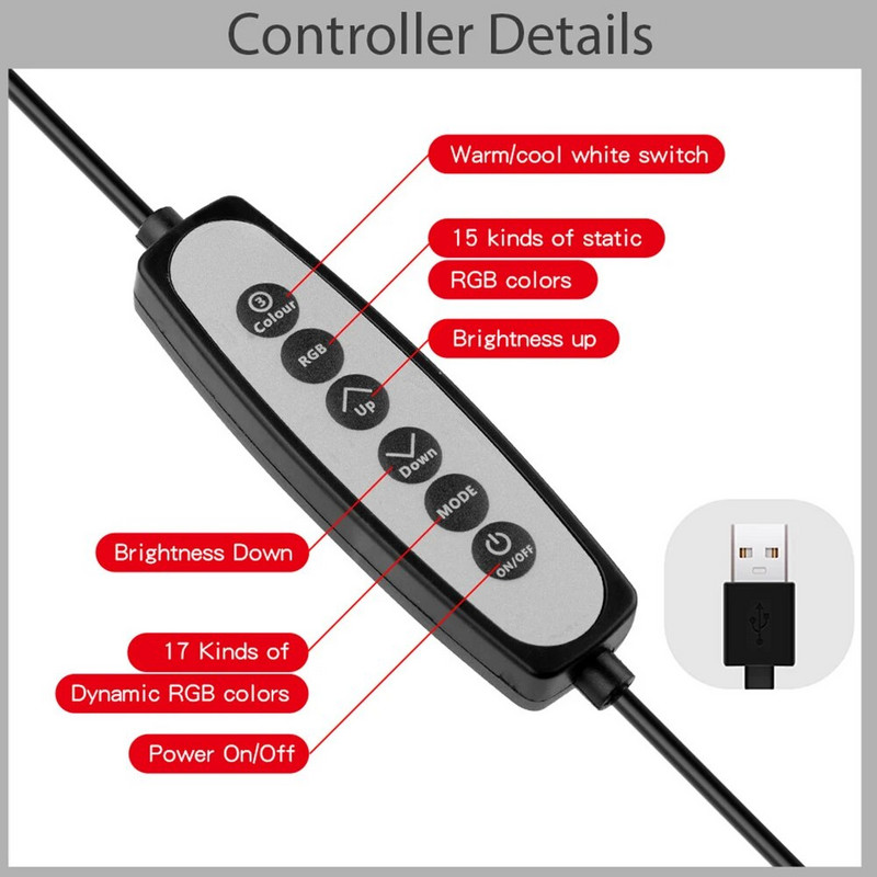 Pašbildes gaisma Pašbildes gaismas diodes gredzena gaisma Pašbildes lampas zibspuldze ar panorāmas sasvēršanu RGB apļa gaisma tālruņa apgaismojumam klēpjdatoriem Tālummaiņas zvani tiešraidē