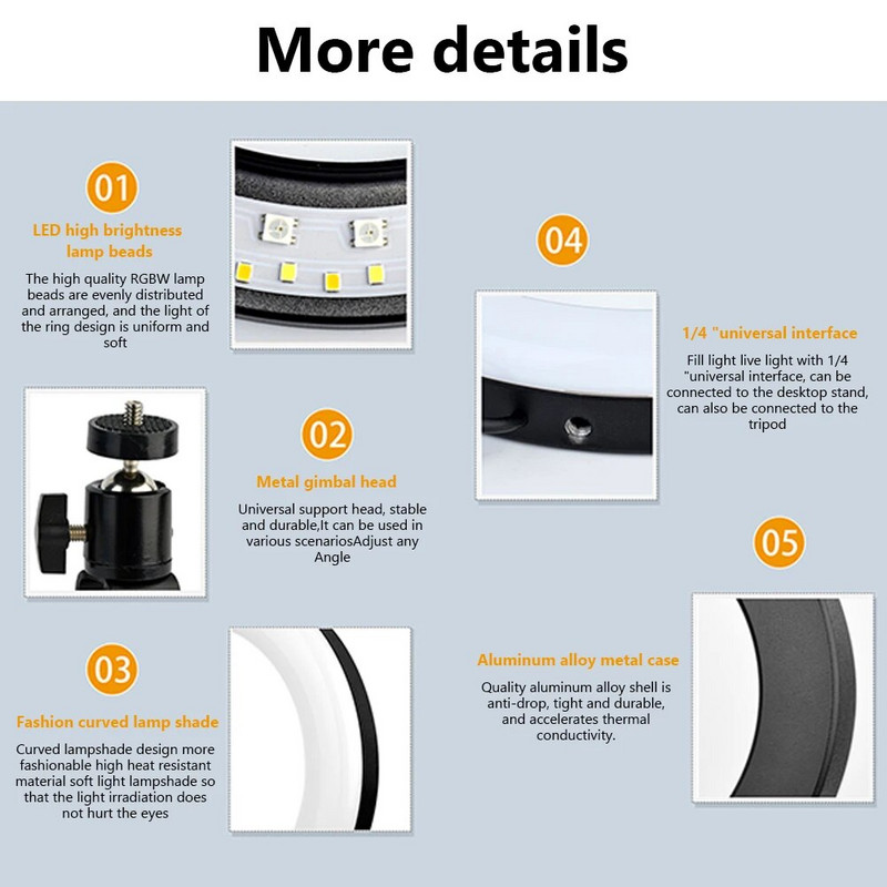 Pašbildes gaisma Pašbildes gaismas diodes gredzena gaisma Pašbildes lampas zibspuldze ar panorāmas sasvēršanu RGB apļa gaisma tālruņa apgaismojumam klēpjdatoriem Tālummaiņas zvani tiešraidē