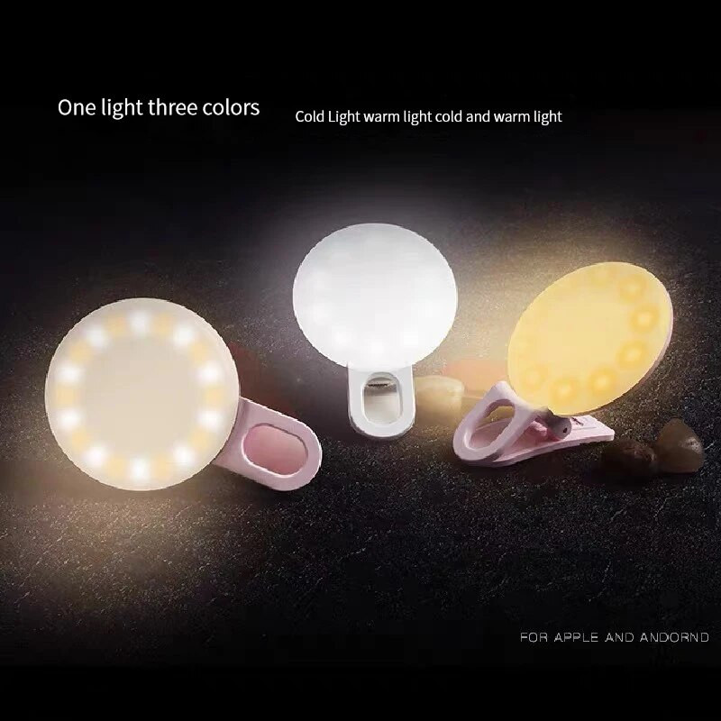 Pārnēsājamā mobilā tālruņa zibspuldzes gaismas mazs mini LED trīs pieturu aptumšot aplis pašbildes gaismas lampas krelles USB uzlādējams