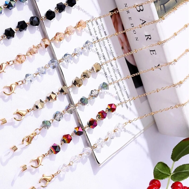 1Gb Sieviešu kristāla pērlīšu briļļu ķēdes Bohēmijas štropes sejas maskas ķēdes turētājs briļļu virve Saulesbrilles aukla kakla siksna