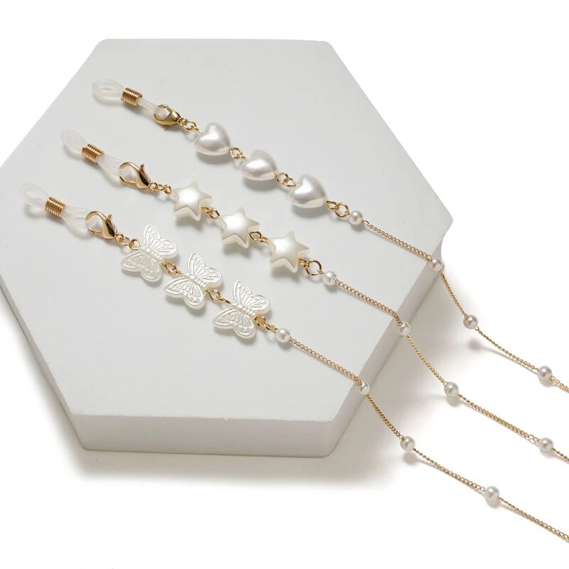 Star Love tauriņa formas brilles ķēdes pērļu kakla maskas virve Saulesbrilles Maskēšanas ķēdītes sievietēm Akrila pērļu kristāla brilles