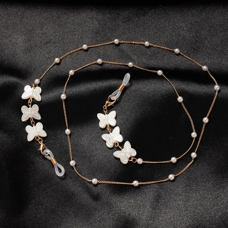 Star Love tauriņa formas brilles ķēdes pērļu kakla maskas virve Saulesbrilles Maskēšanas ķēdītes sievietēm Akrila pērļu kristāla brilles