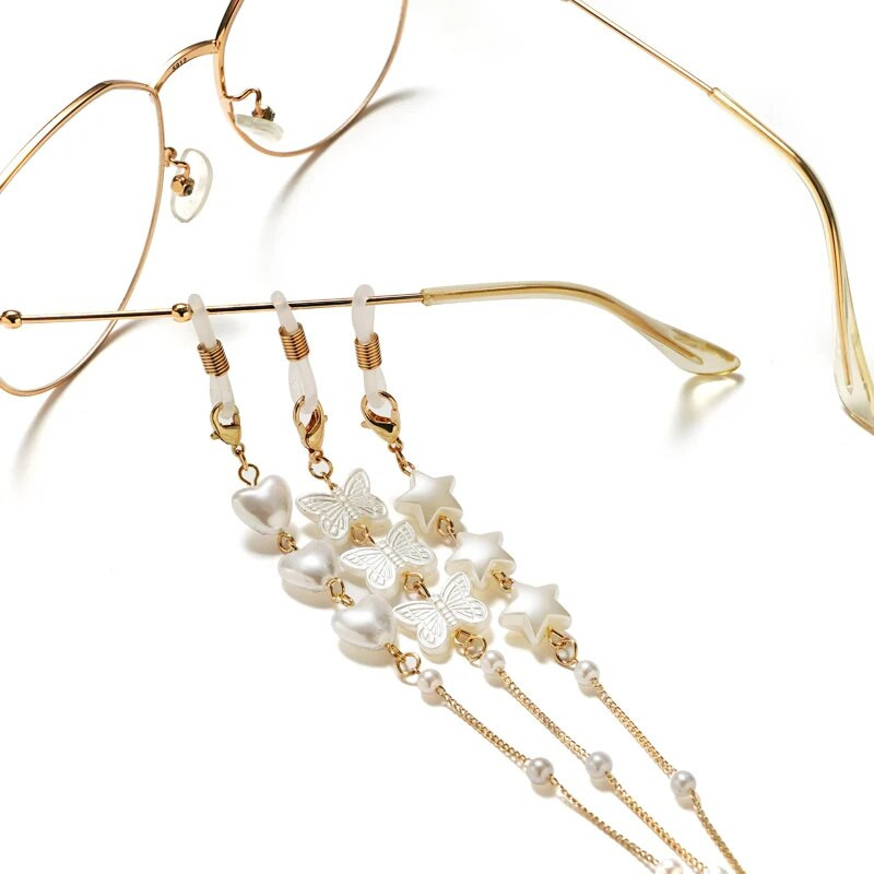 Star Love tauriņa formas brilles ķēdes pērļu kakla maskas virve Saulesbrilles Maskēšanas ķēdītes sievietēm Akrila pērļu kristāla brilles