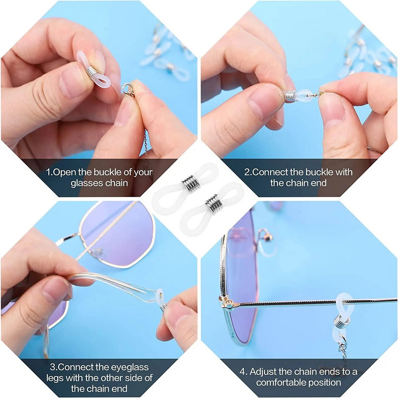 50 gab. Regulējami pretslīdes briļļu ķēžu gali, fiksators gumijas brilles gredzenu siksniņas briļļu gala savienotāji Briļļu piederumi