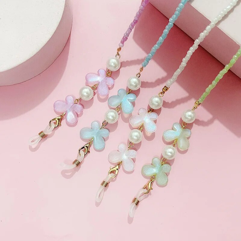 Butterfly Pearl Bead Saulesbrilles Virves siksna Kaklarota Brilles Brilles Ķēdes Vads Lasīšanas brilles Regulējama Pretslīdes siksna