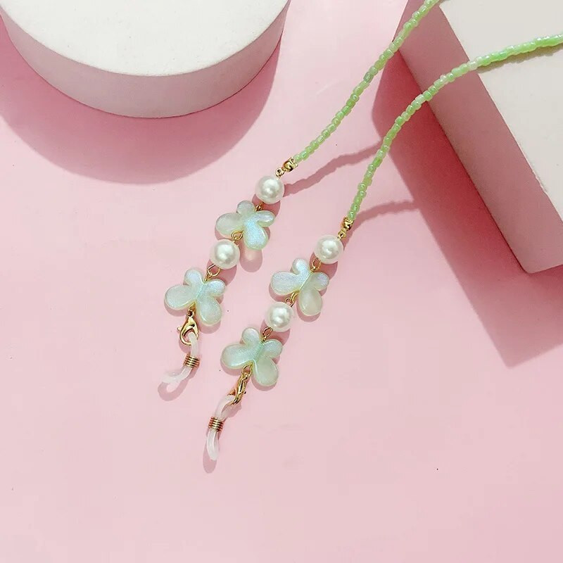 Butterfly Pearl Bead Saulesbrilles Virves siksna Kaklarota Brilles Brilles Ķēdes Vads Lasīšanas brilles Regulējama Pretslīdes siksna