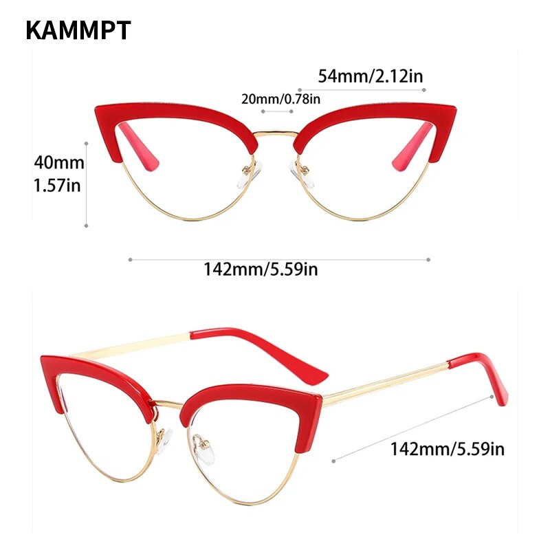 KAMMPT Vintage kassisilmaprillid, raam, uus stiilne poolmetalläärega naiste prillid Trendikas brändi disain Retseptita prillid