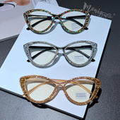 Rhinestone pretzilu gaismu bloķējošas kaķu acu brilles sievietēm Moderns retro optiskais briļļu ietvars sieviešu dizaineru datora brilles