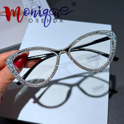 Rhinestone pretzilu gaismu bloķējošas kaķu acu brilles sievietēm Moderns retro optiskais briļļu ietvars sieviešu dizaineru datora brilles