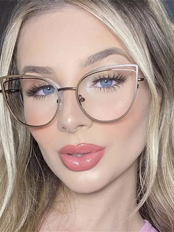 2023 луксозни метални дамски оптични очила с котешко око за жени Прозрачни модни прозрачни модни компютърни кухи очила