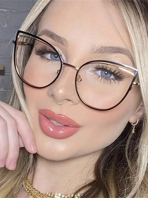 2023. gada luksusa metāla sieviešu kaķu acu optisko briļļu rāmis sievietēm, caurspīdīgas modes, caurspīdīgas modes datora dobās brilles