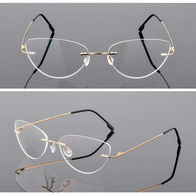 Sieviešu briļļu ietvars no titāna sakausējuma bez malām, sieviešu īpaši vieglie kaķu acu briļļu ietvari, recepšu presbiopija, optiskā tuvredzība