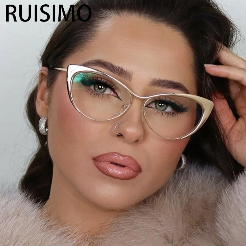 Ochelari de ochelari pentru ochelari cu lumină anti-albăstruie, metal de modă, cadru 2023, ochi de pisică cu personalitate, oglindă plată, ochelari de vedere pentru femei, albastru, tendințe de blocare